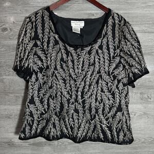 Vintage Papell Boutique Evening Beaded Black Top Women's Plus Size 2X Silk